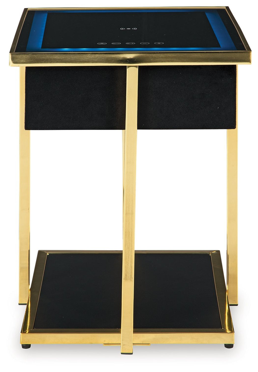 Black accent table with gold legs and blue-lit top panel, black side panels and lower shelf