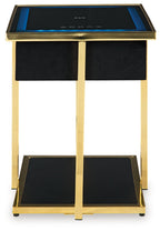 Black accent table with gold legs and blue-lit top panel, black side panels and lower shelf