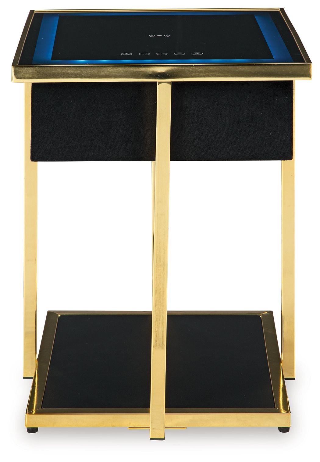Black accent table with gold legs and blue-lit top panel, black side panels and lower shelf