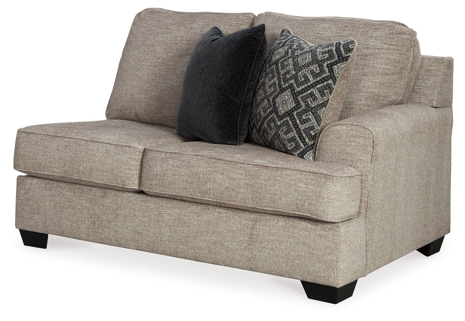Stone fabric loveseat with square arms, black back pillows, and patterned throw cushion