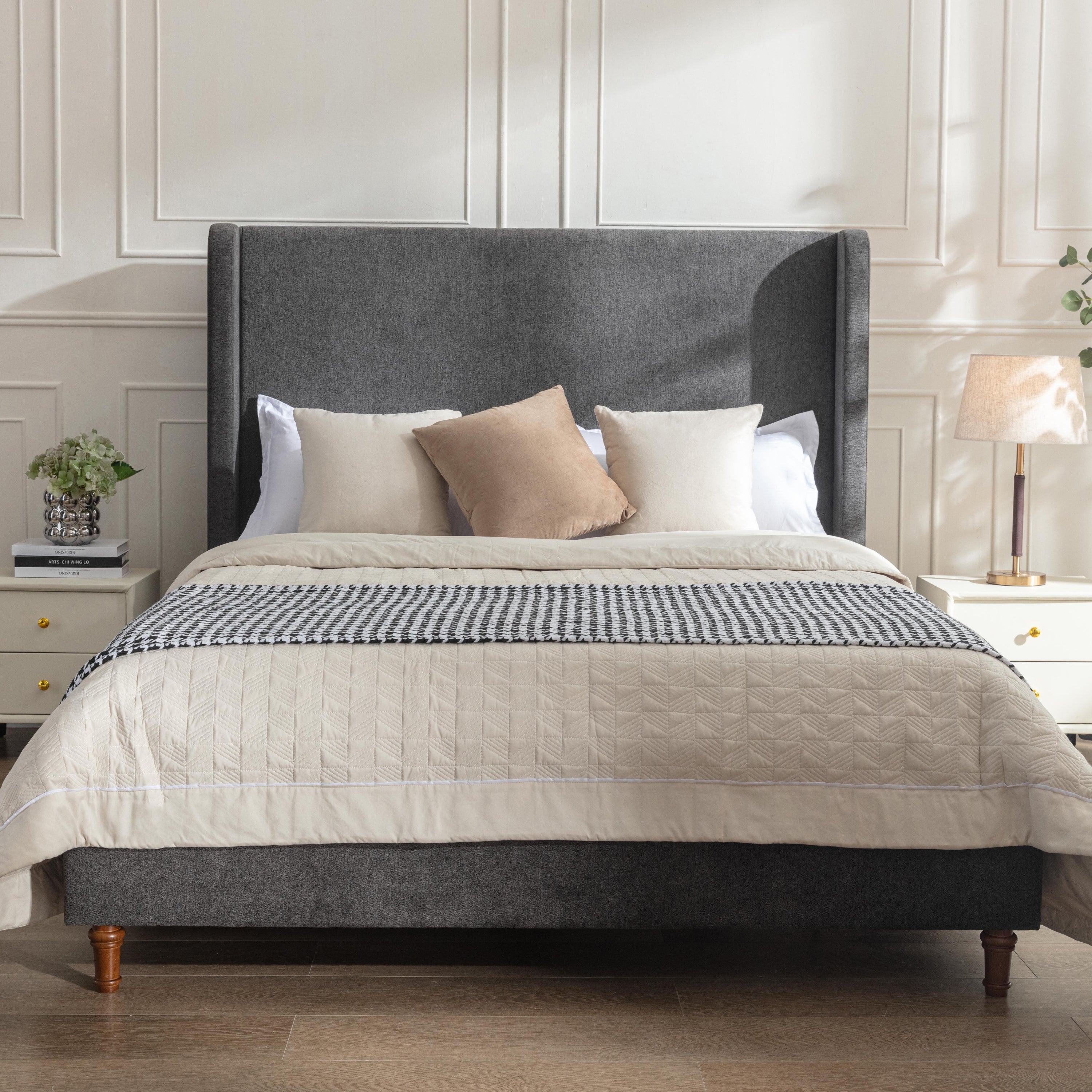 Harper Queen Dark Gray Velvet Upholstered Bed | Tall 54" Headboard | No Box Spring