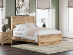 Light brown panel bed with slatted rails and white bedding in a bedroom setup