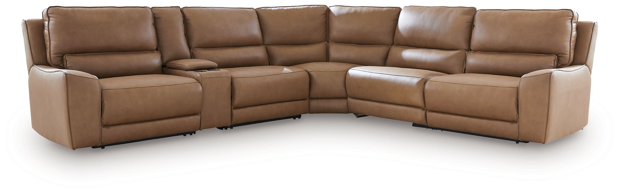 Power reclining sectional sofa with corner chaise sections in tan leather