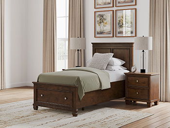 Brown twin/full bed rail set with dark wood posts and side guard
