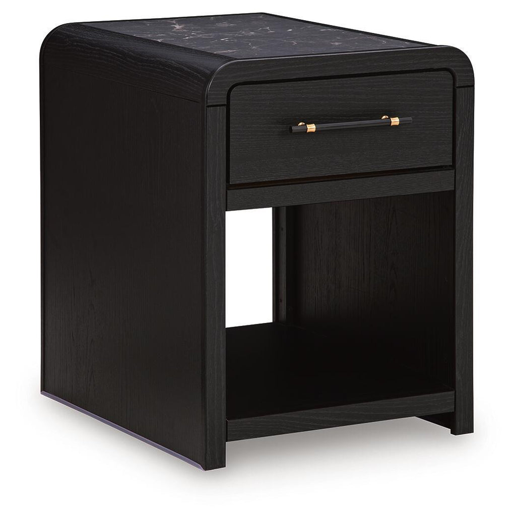 Black rectangular table with one drawer and open shelf compartment, side view.