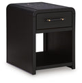 Black rectangular table with one drawer and open shelf compartment, side view.