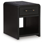 Black rectangular table with one drawer and open shelf compartment, side view.