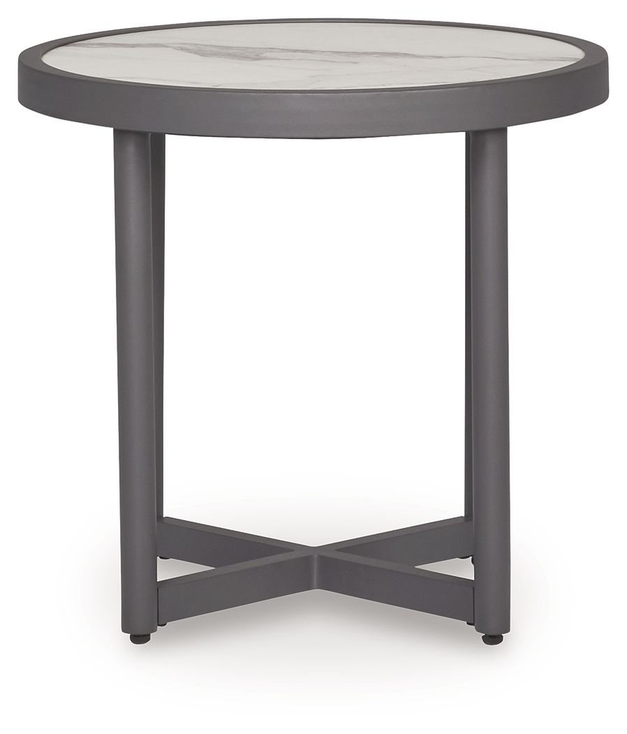 Gray round side table with white marble-look top and four corner feet