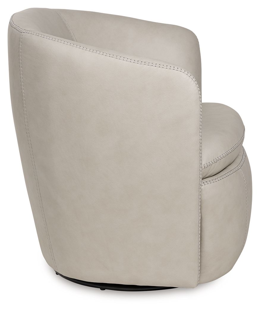 Beige upholstered swivel chair with side profile and stitched detailing