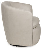 Beige upholstered swivel chair with side profile and stitched detailing