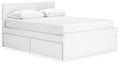 White panel platform bed with underbed drawers and cushioned headboard, slat support included