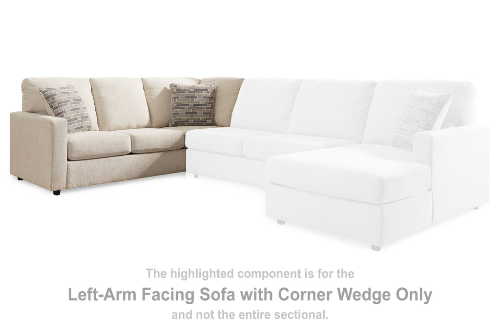 Light wedge sofa with corner wedge, left-arm facing layout, and patterned back pillows