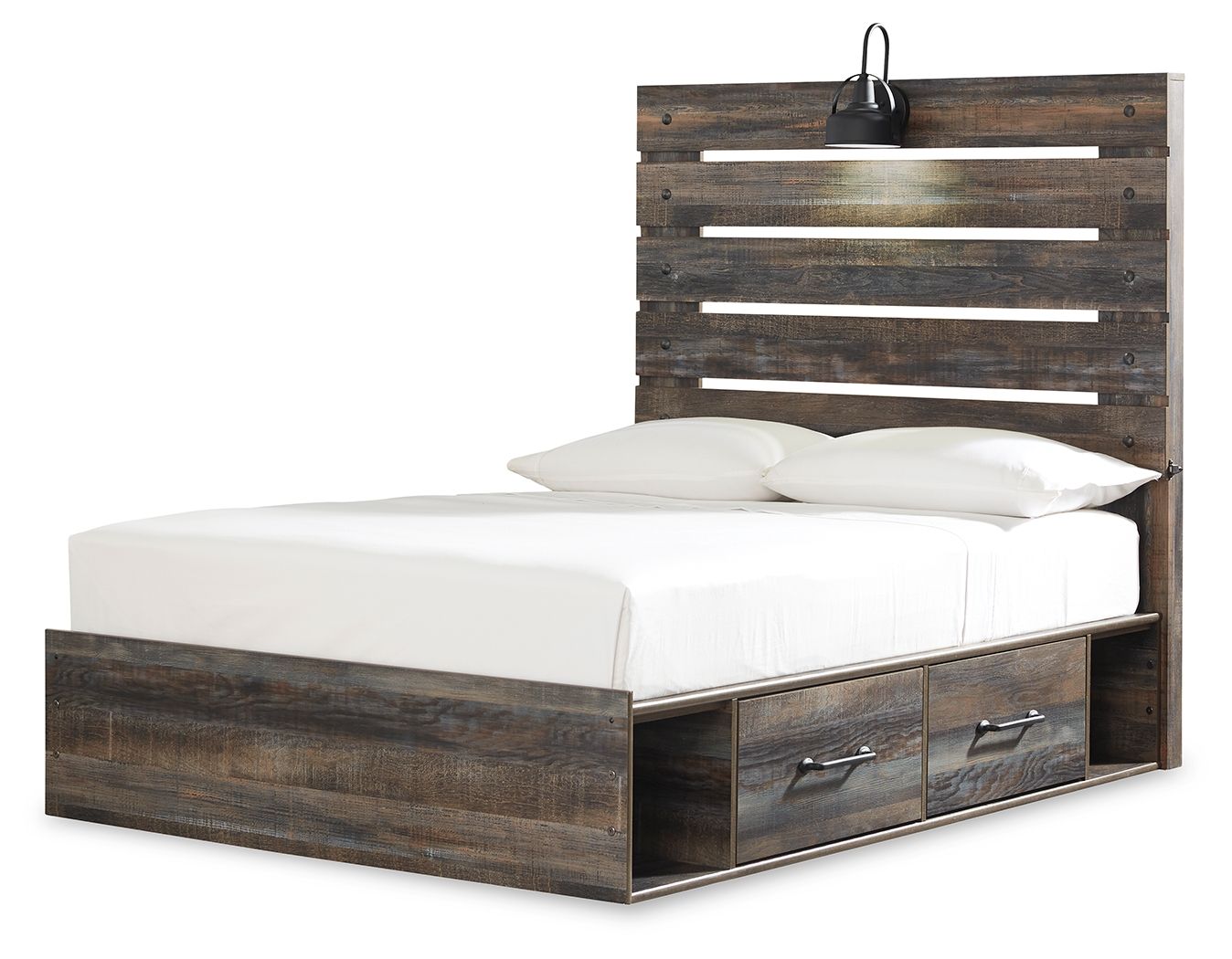Panel bed with two side drawers, dark distressed wood, white mattress and pillows