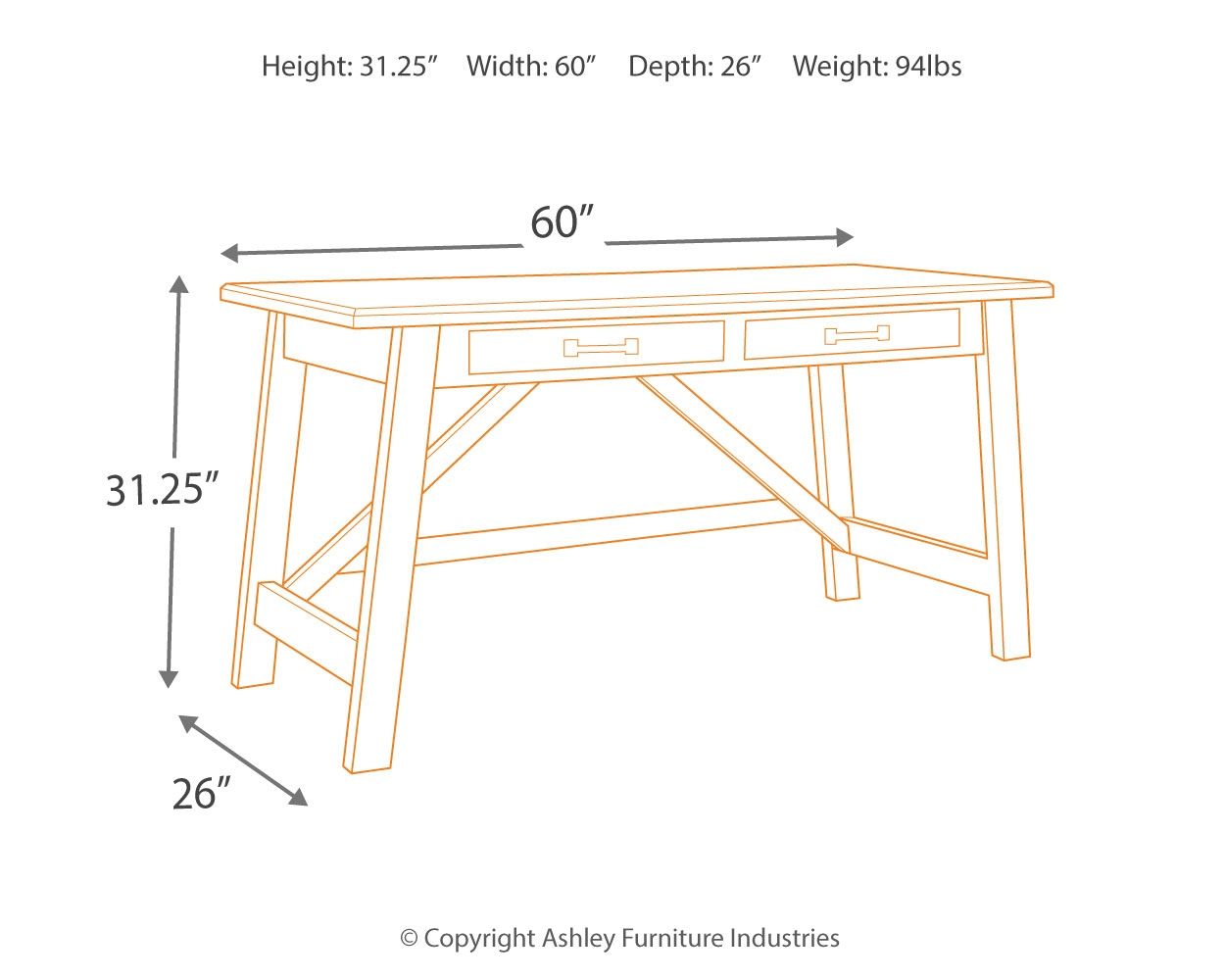 Line drawing of rustic brown desk with 60" width, 31.25" height, 26" depth