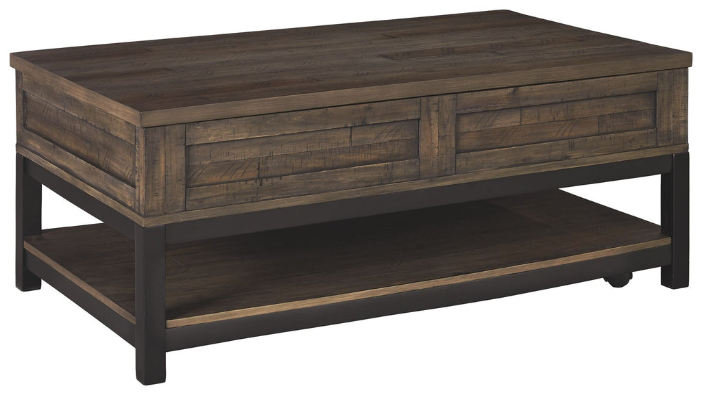 Lift-top cocktail table in grayish-brown wood with lower open shelf and two storage drawers