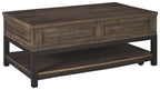 Lift-top cocktail table in grayish-brown wood with lower open shelf and two storage drawers