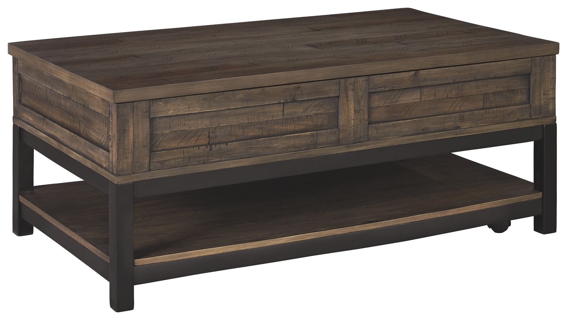 Lift-top cocktail table in grayish-brown wood with lower open shelf and two storage drawers