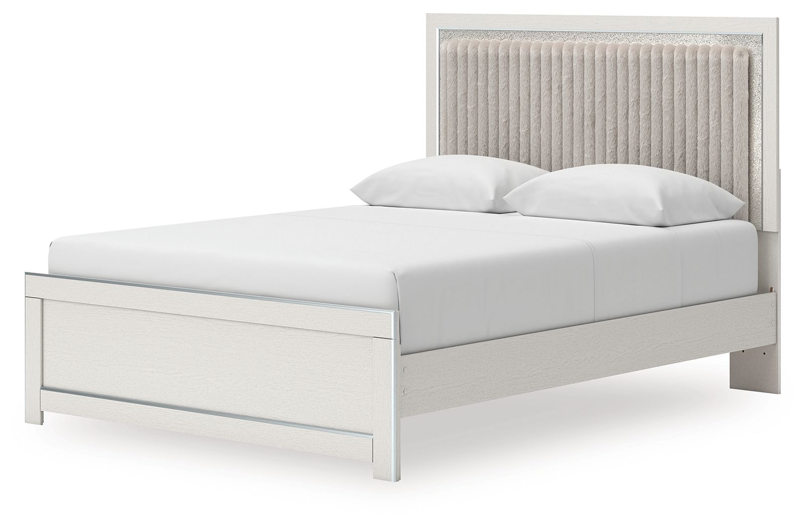Upholstered panel platform bed with roll slats, light gray frame with tufted headboard