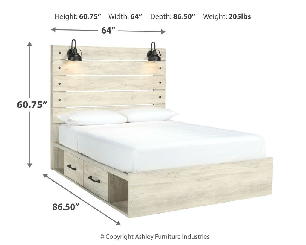 Beige panel bed with paneled headboard, white mattress, and two front drawers