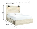 Beige panel bed with paneled headboard, white mattress, and two front drawers