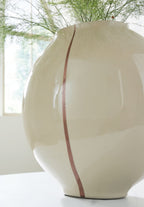 Beige ceramic vase with glossy surface and vertical brown stripe, angled view
