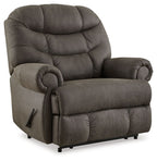 Gunmetal zero wall recliner showing side with padded armrests and recline base.