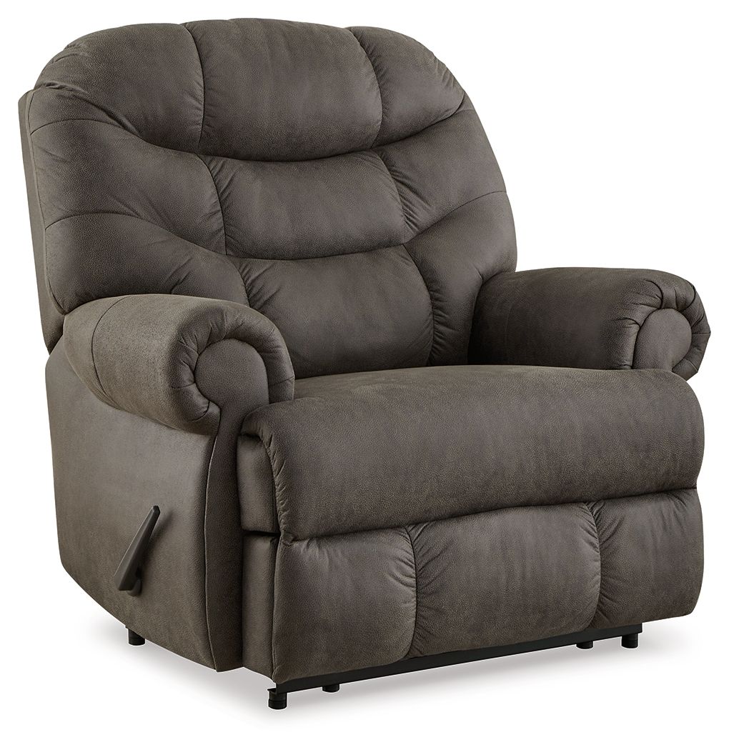 Gunmetal zero wall recliner showing side with padded armrests and recline base.