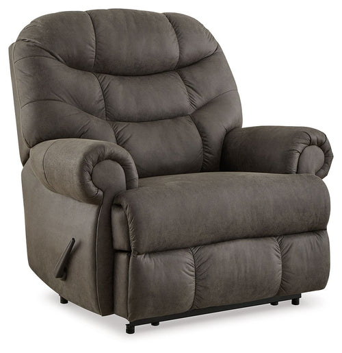 Gunmetal zero wall recliner showing side with padded armrests and recline base.