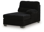 Onyx black corner chaise with cushioned backrest and square arm, dark fabric upholstery