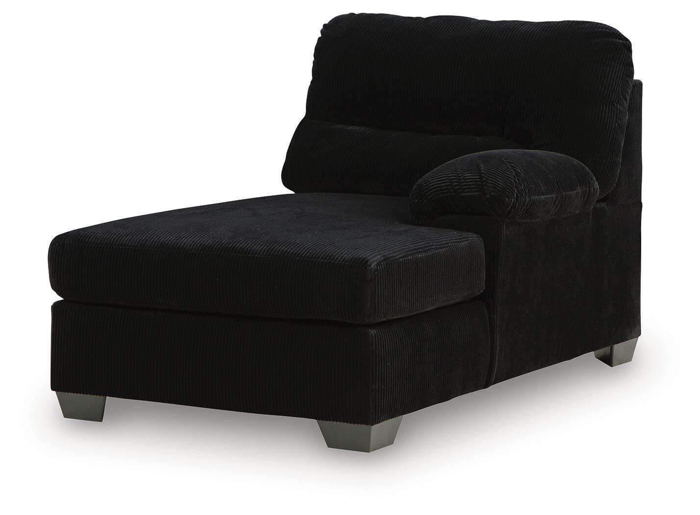 Onyx black corner chaise with cushioned backrest and square arm, dark fabric upholstery