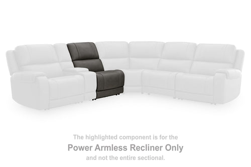 Highlighted dark gray armless recliner component with power and adjustable headrest