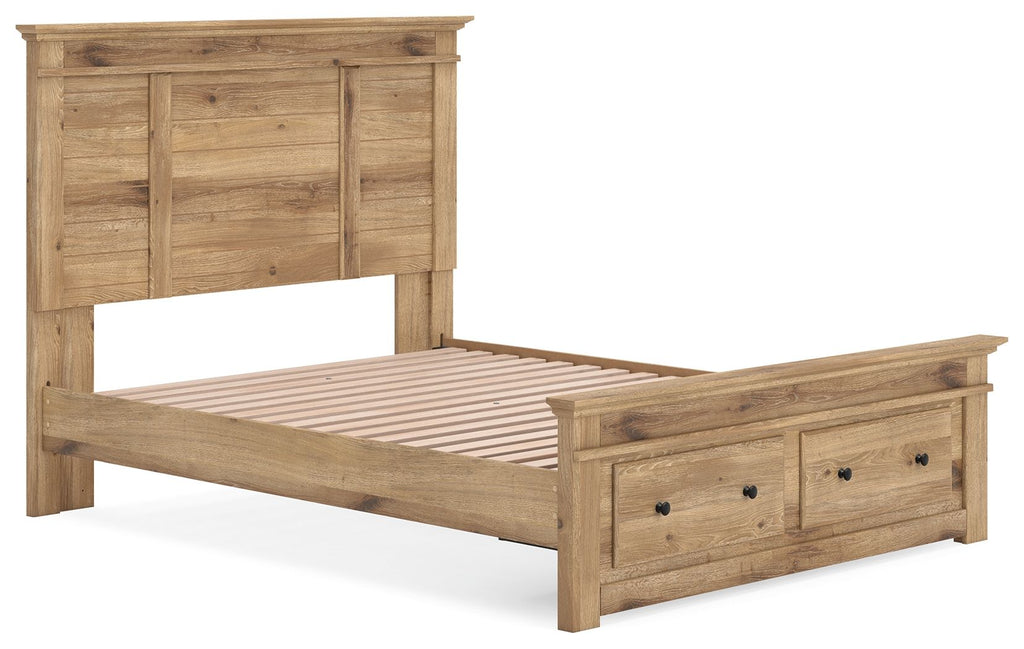 Light brown panel storage bed with slatted base and three-drawer storage front on each side.
