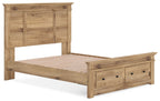 Light brown panel storage bed with slatted base and three-drawer storage front on each side.