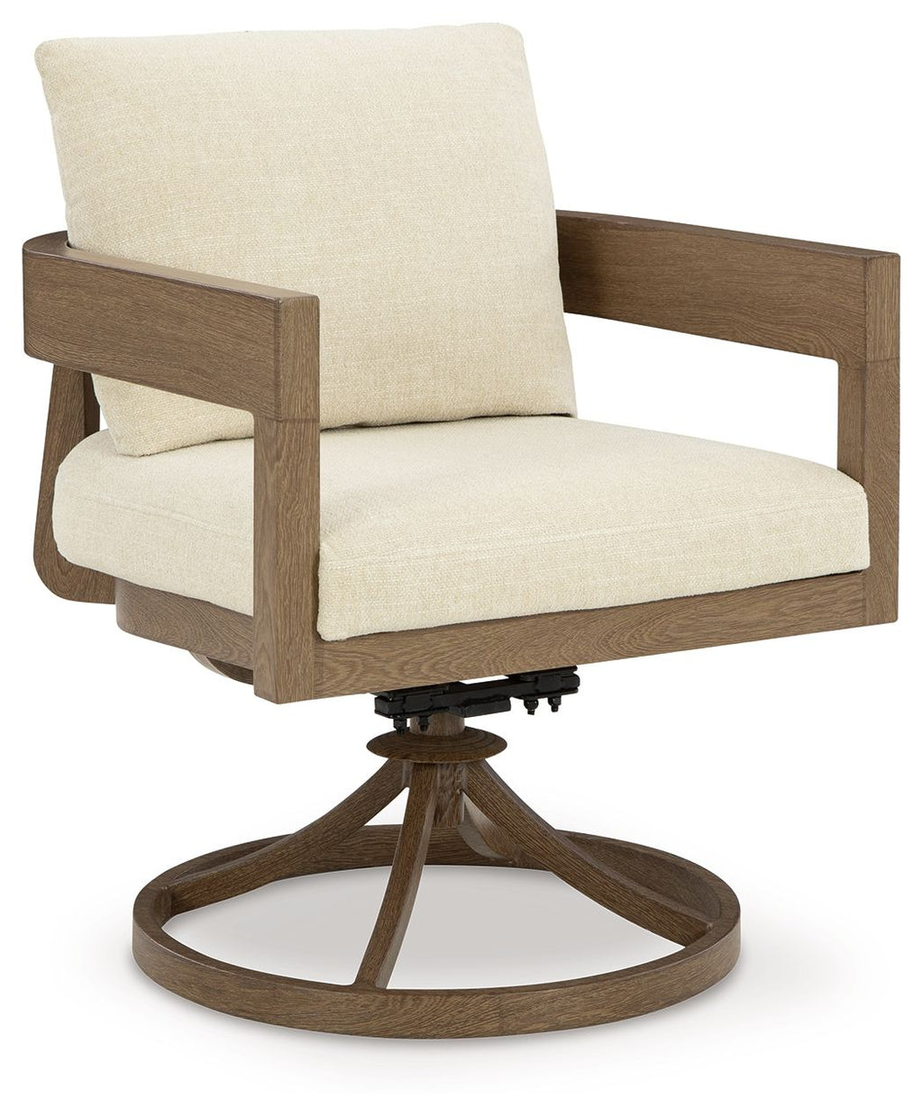 Swivel chair with light fabric cushions and dark brown swivel pedestal base