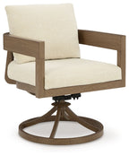 Swivel chair with light fabric cushions and dark brown swivel pedestal base