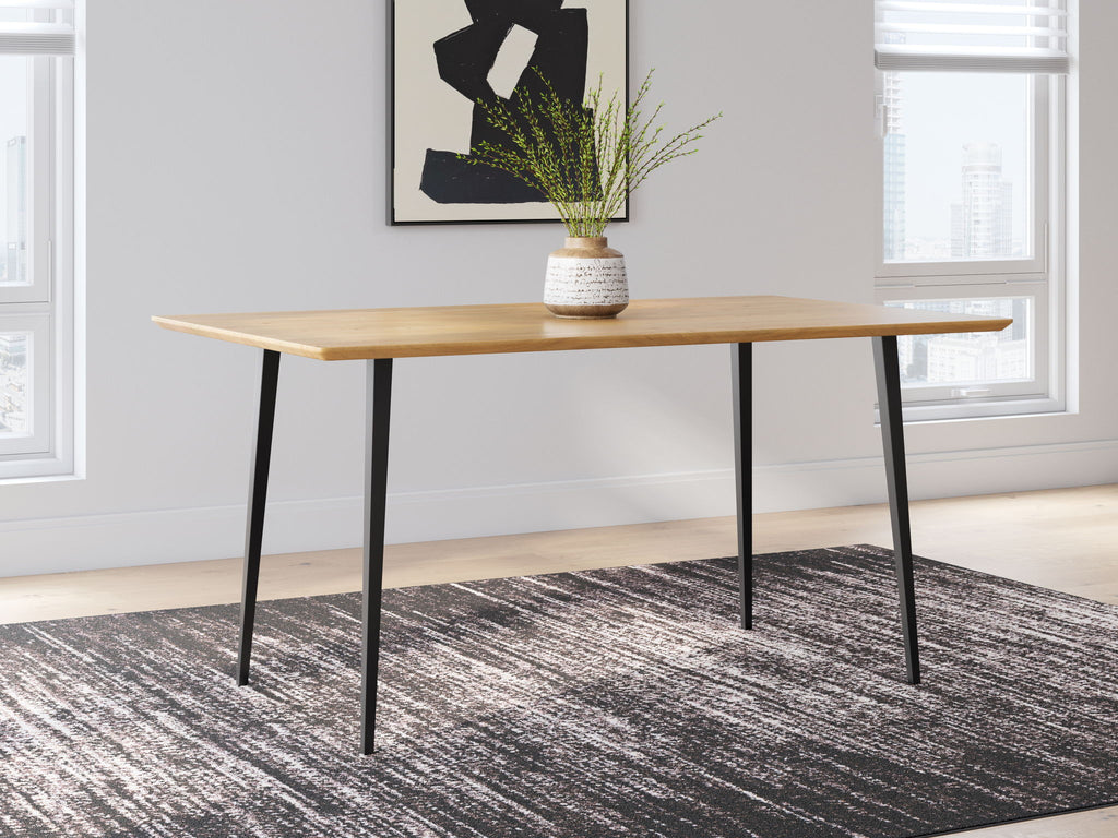 Light brown dining table with black legs and rectangular tabletop