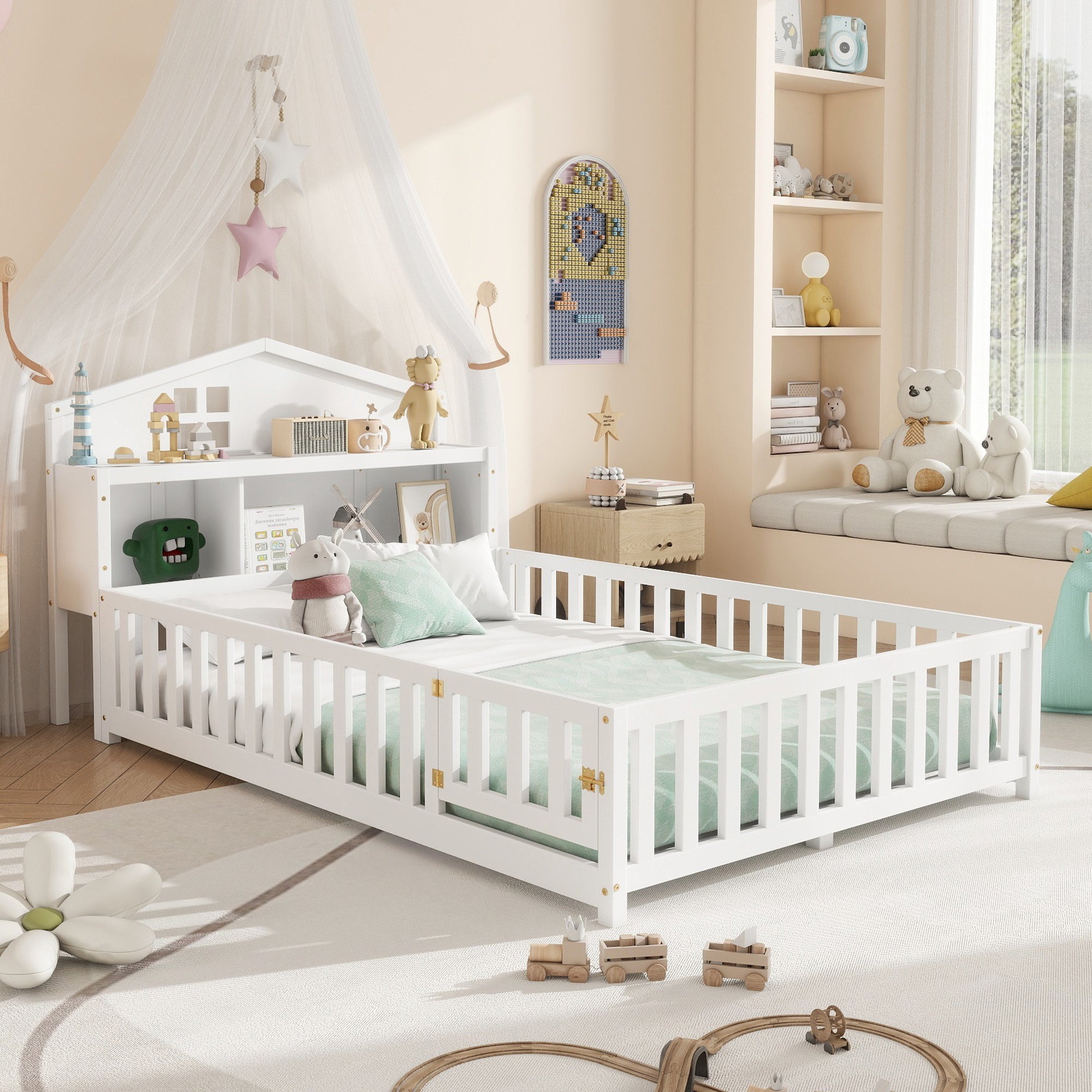 Full-size Montessori Floor Bed with Bookcases & Storage for Kids/Teens White