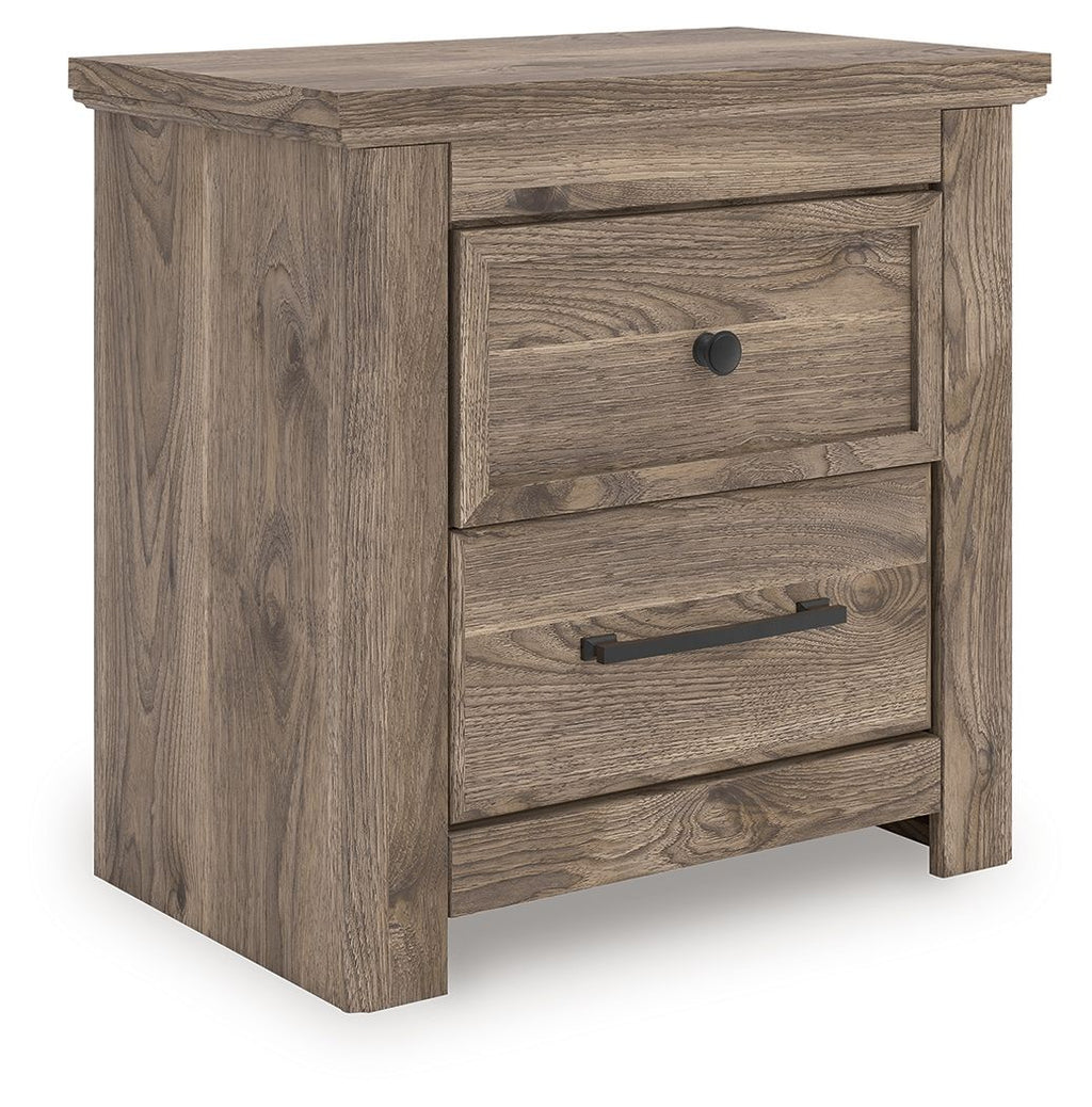Brown rustic night stand with two drawers, black round knobs, and metal bar pulls.