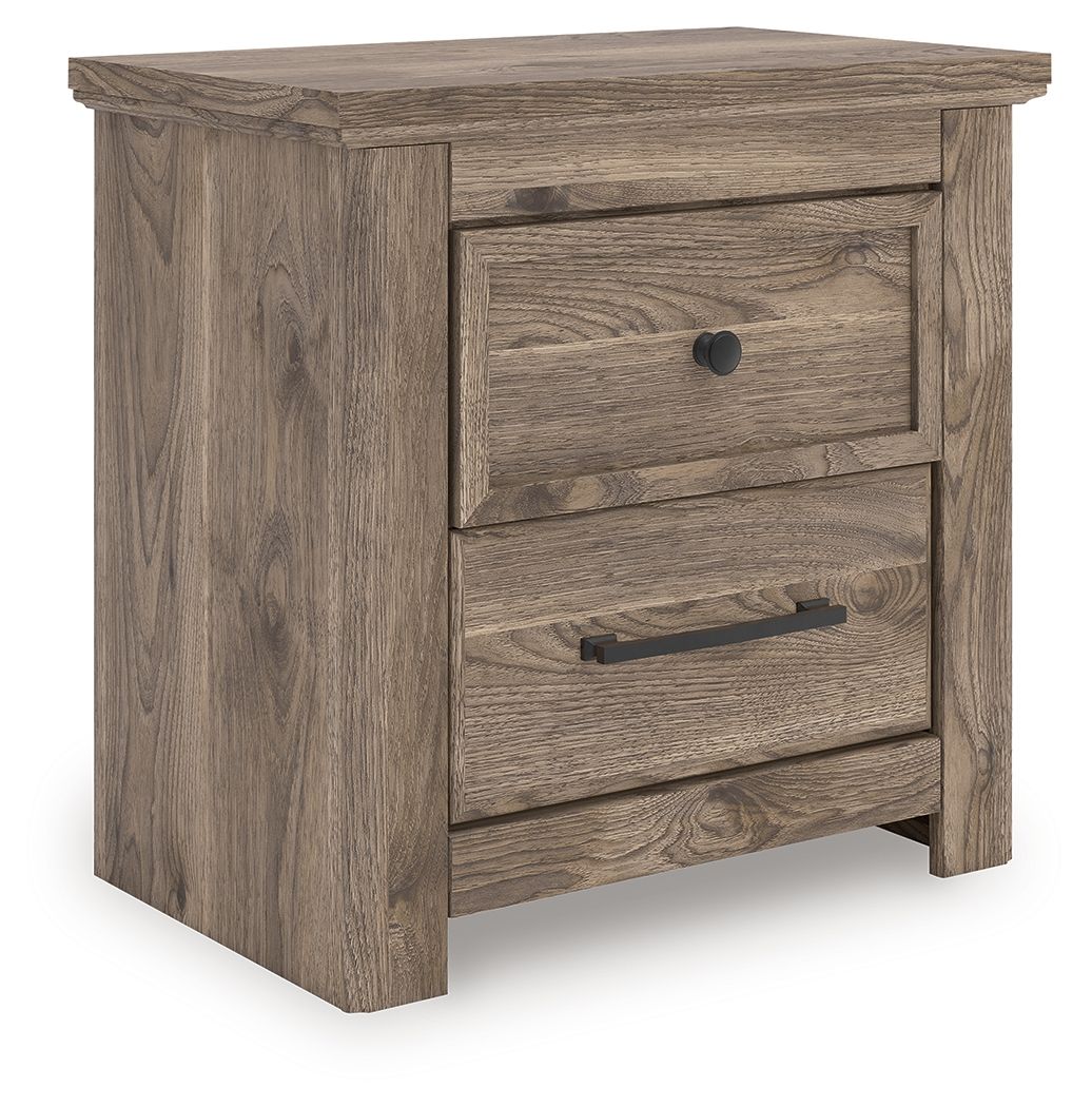 Brown rustic night stand with two drawers, black round knobs, and metal bar pulls.