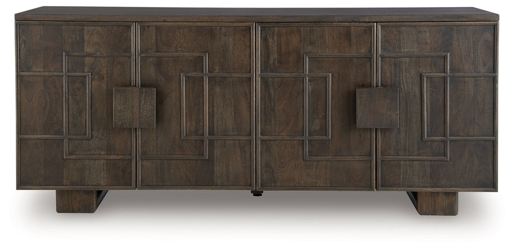 Dark brown accent cabinet with symmetrical paneled doors and a flat tabletop.