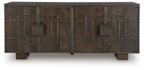 Dark brown accent cabinet with symmetrical paneled doors and a flat tabletop.