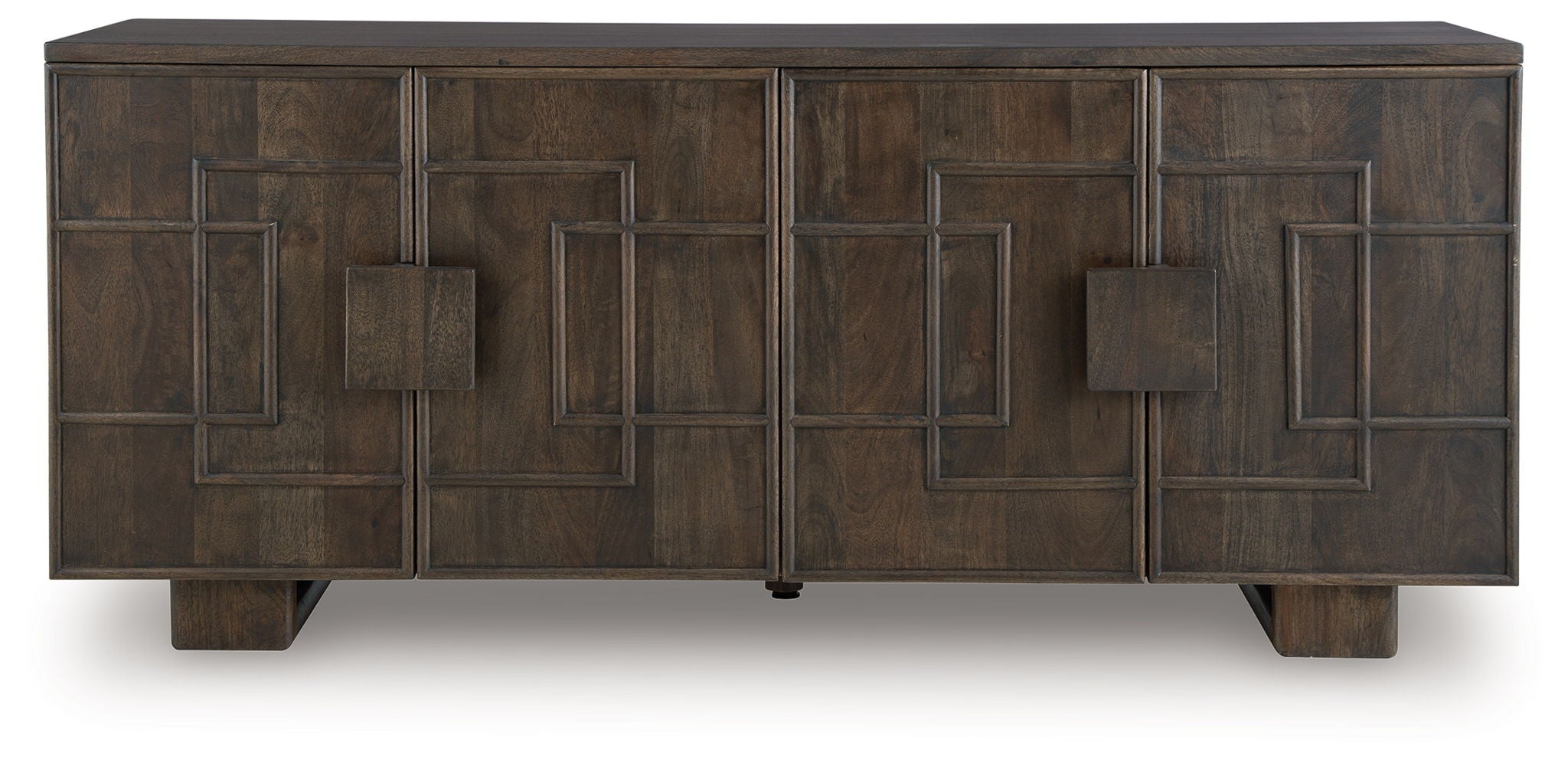 Dark brown accent cabinet with symmetrical paneled doors and a flat tabletop.