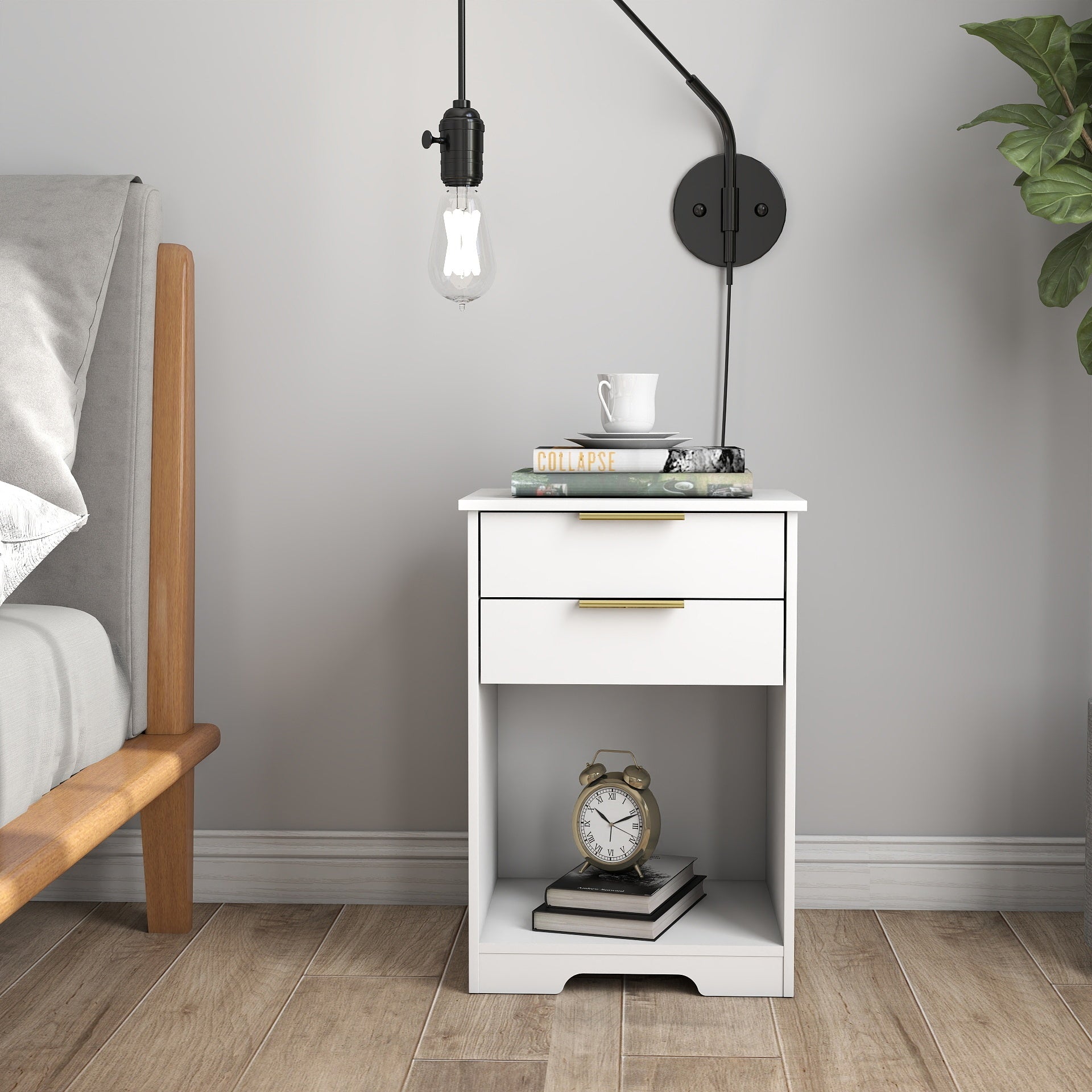 White Modern Nightstand with 2 Drawers & Open Space - End Table