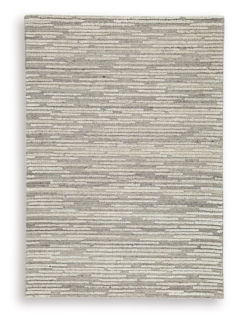 Gray rug with layered horizontal stripe bands and speckled woven texture