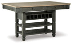 Rectangular dining counter table in black with gray wood top and bottle storage