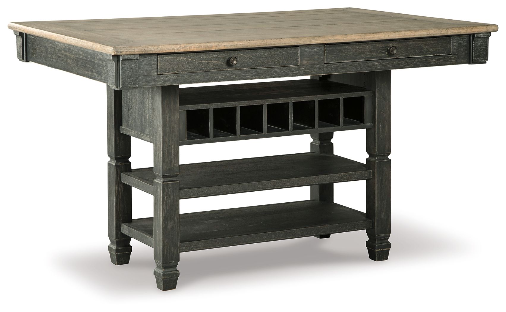 Rectangular dining counter table in black with gray wood top and bottle storage