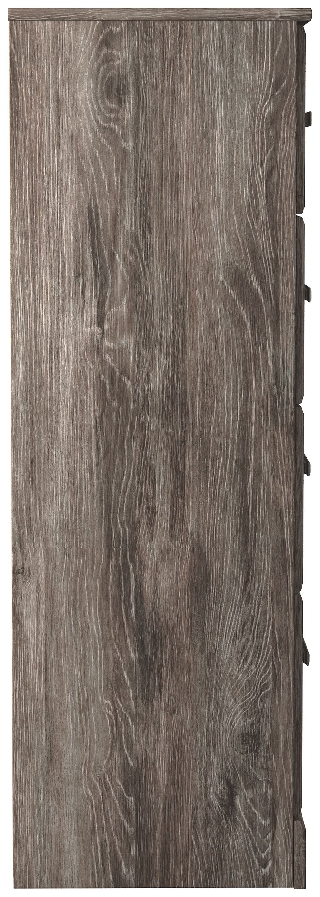 Gray four-drawer chest side panel with vertical wood grain and corner edge