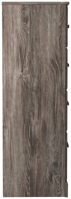 Gray four-drawer chest side panel with vertical wood grain and corner edge