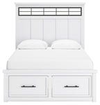 White panel storage bed with headboard cutouts and two front drawers