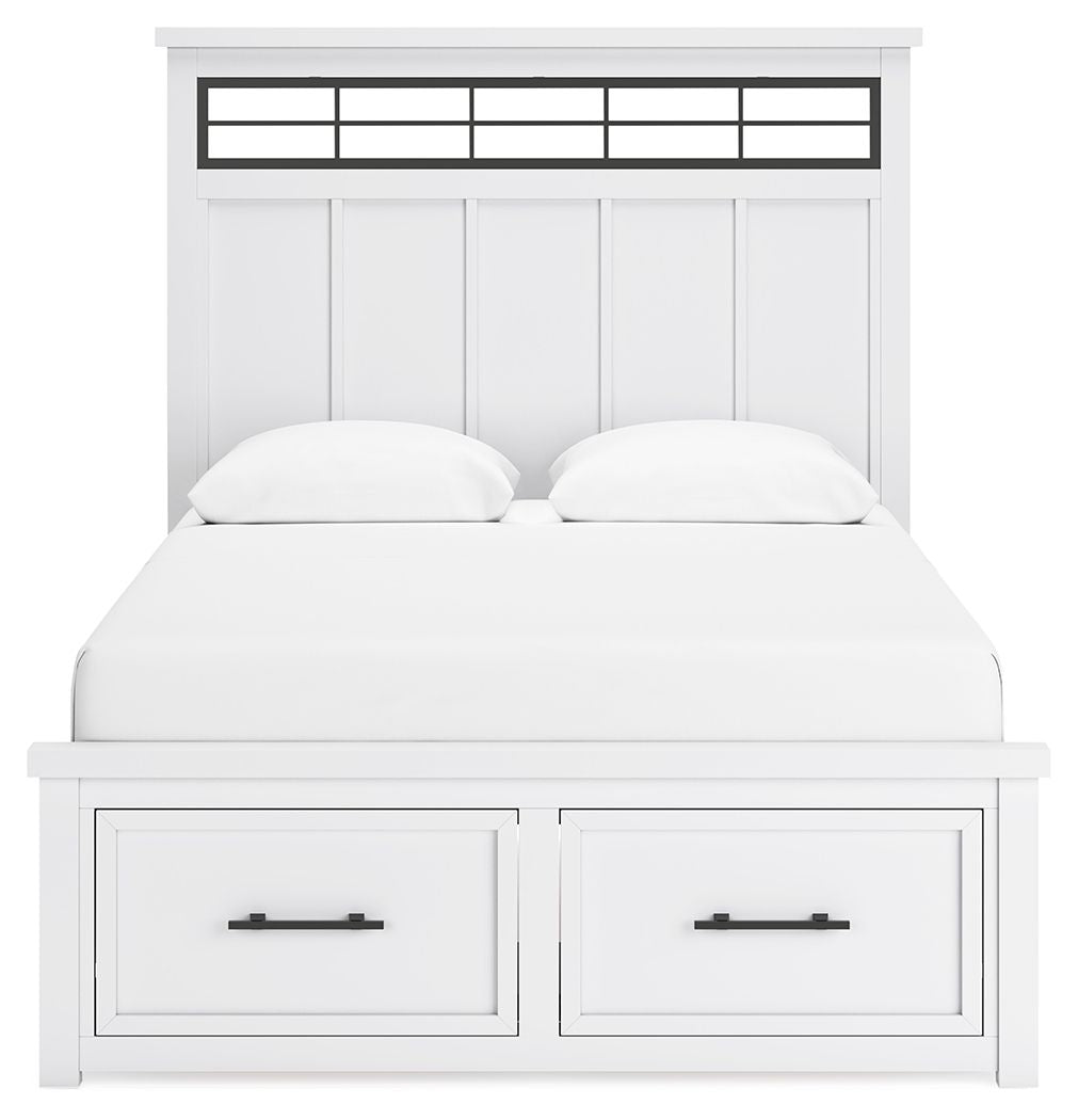 White panel storage bed with headboard cutouts and two front drawers